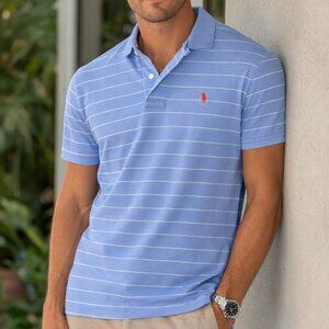 Polo Ralph Lauren Polo Shirt Men L Blue Striped Pony Logo Short Sleeve Classic